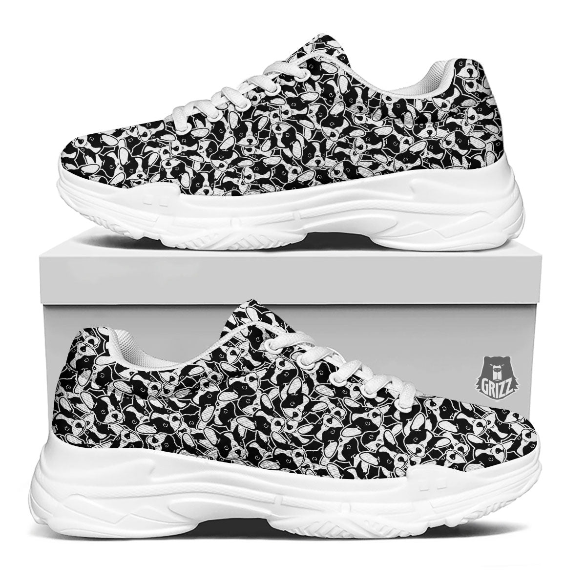 French Bulldog Faces Print Pattern White Chunky Shoes-grizzshop
