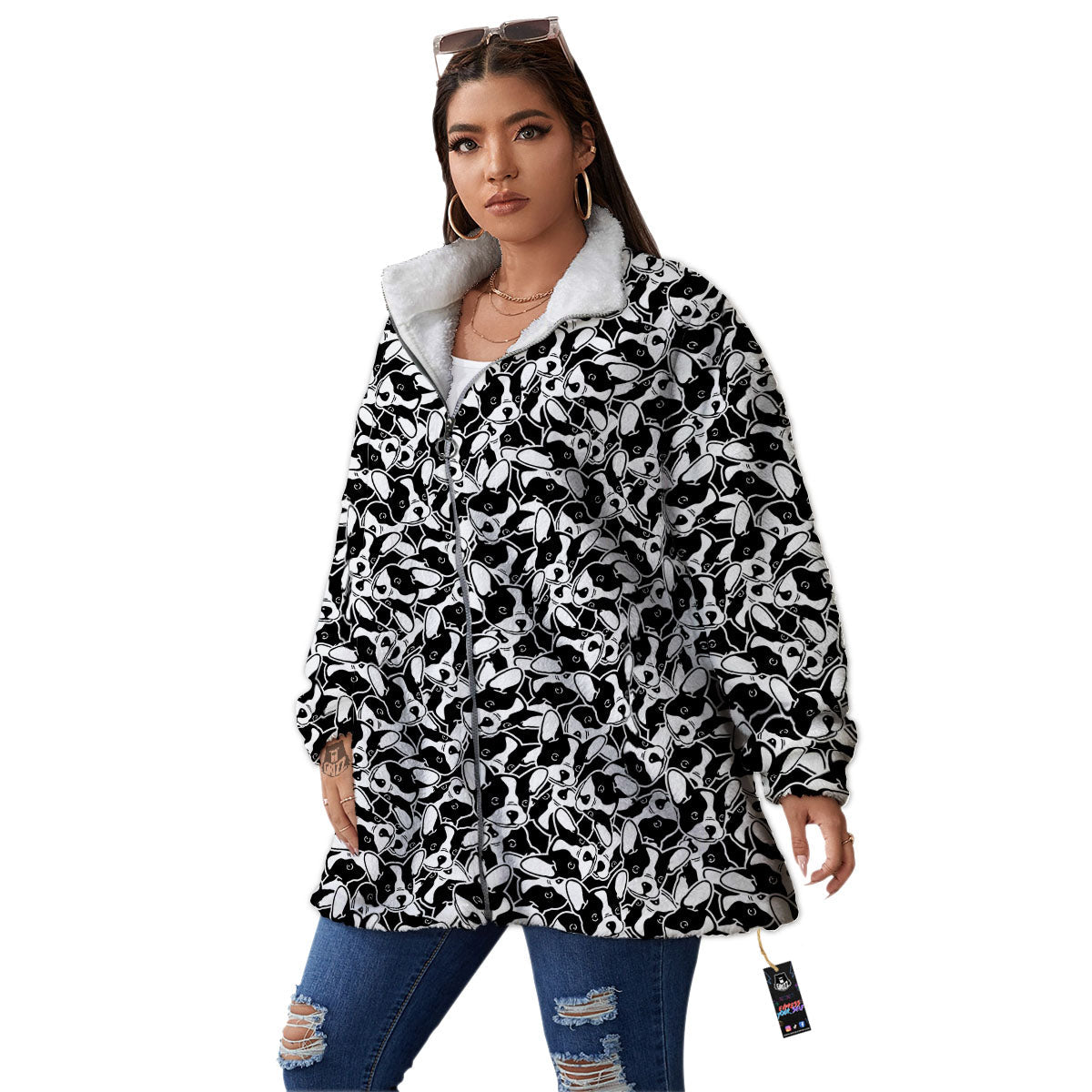 French Bulldog Faces Print Pattern Women's Sherpa Jacket-grizzshop