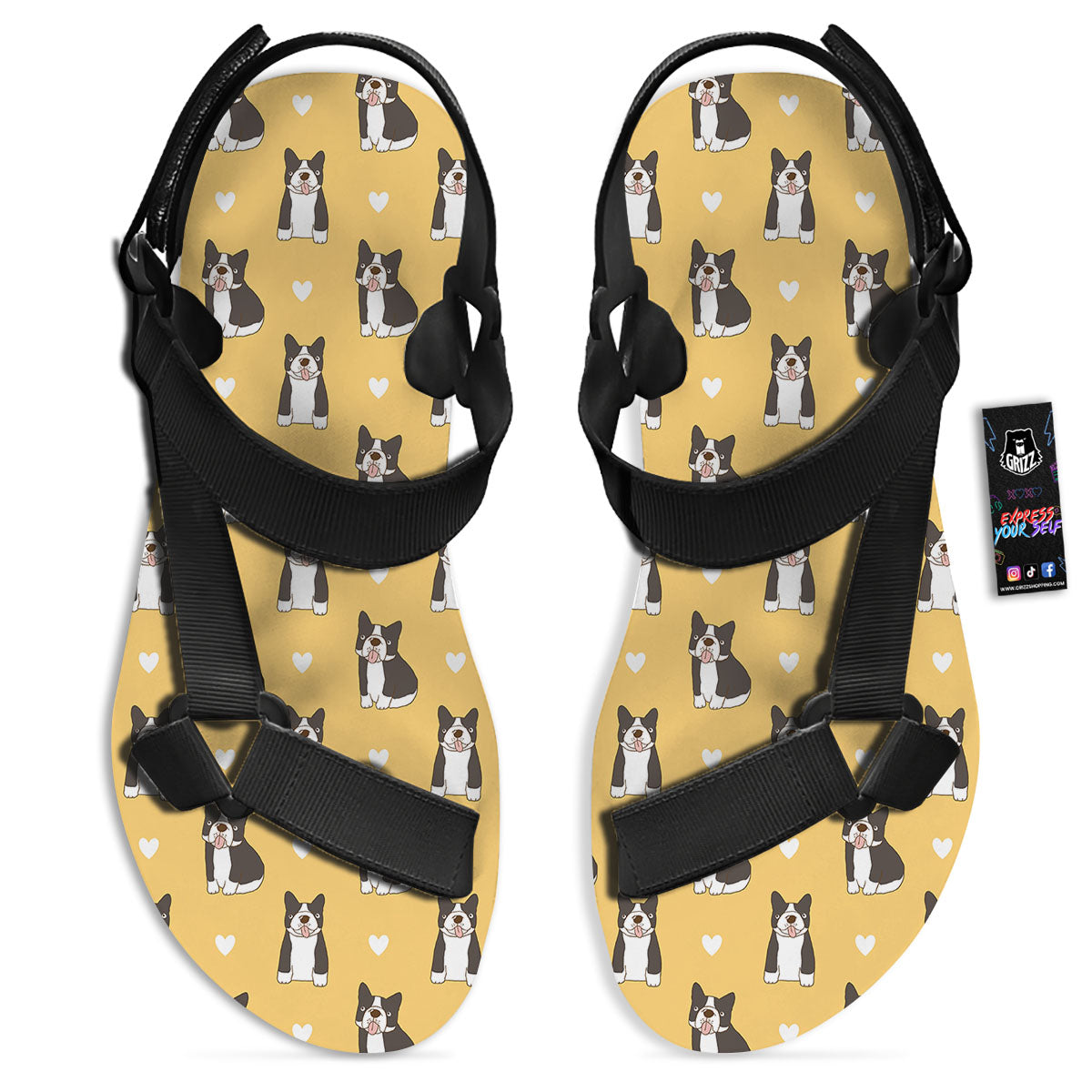French Bulldog Lovely Print Pattern Black Open Toe Sandals-grizzshop