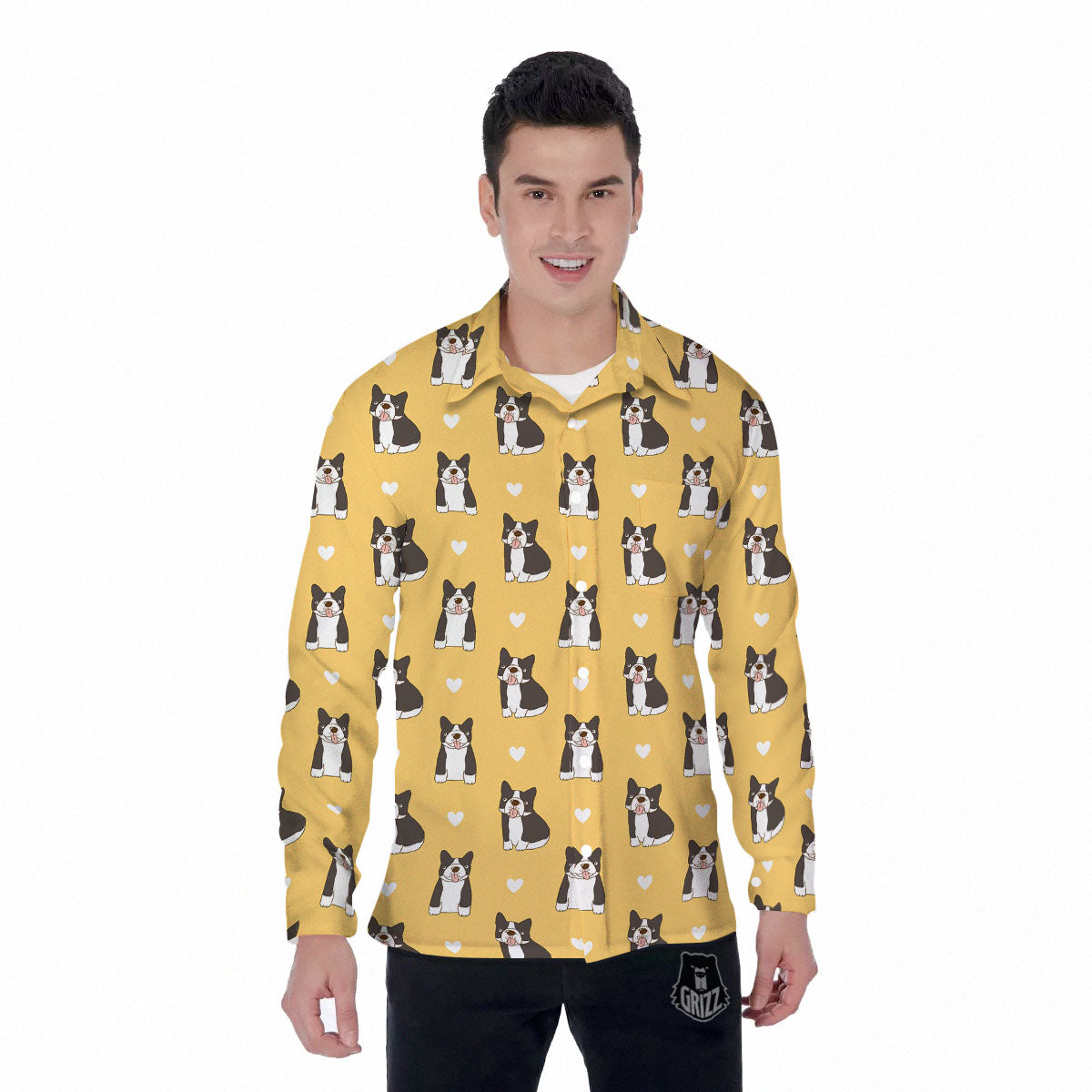 French Bulldog Lovely Print Pattern Men's Long Sleeve Shirts-grizzshop