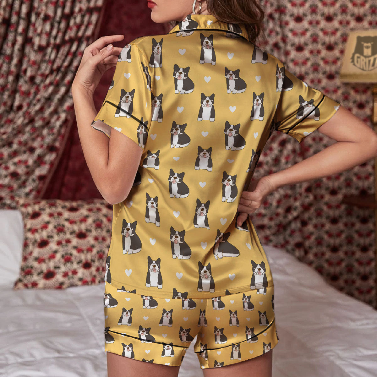 French Bulldog Lovely Print Pattern Women Silk Pajamas-grizzshop