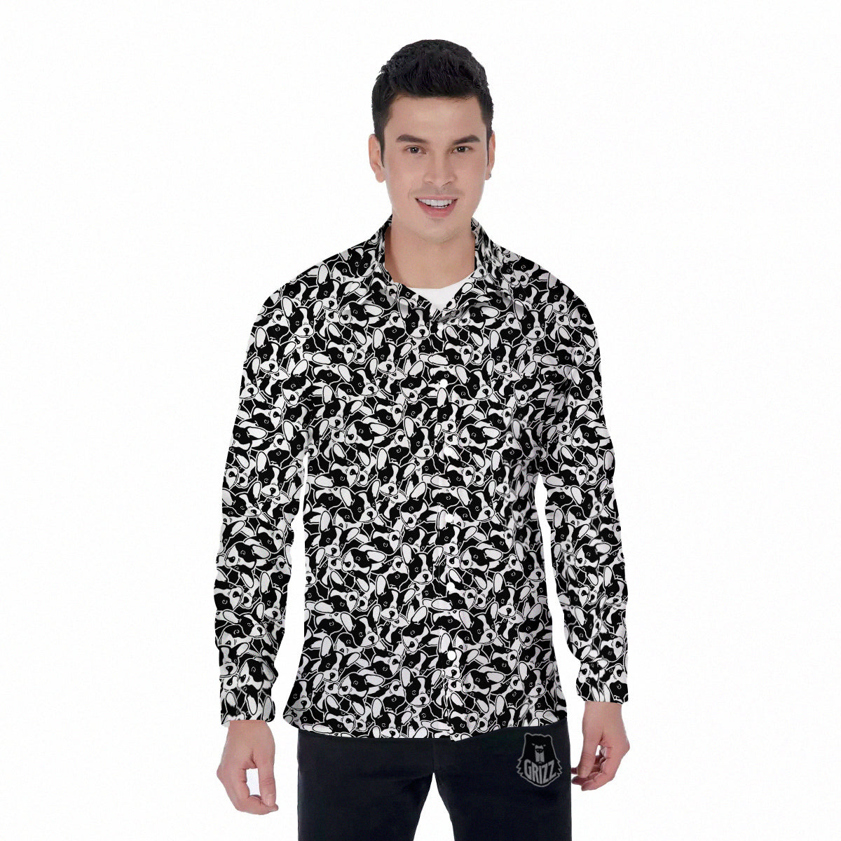 French Bulldog Puppy Cute Print Pattern Men's Long Sleeve Shirts-grizzshop