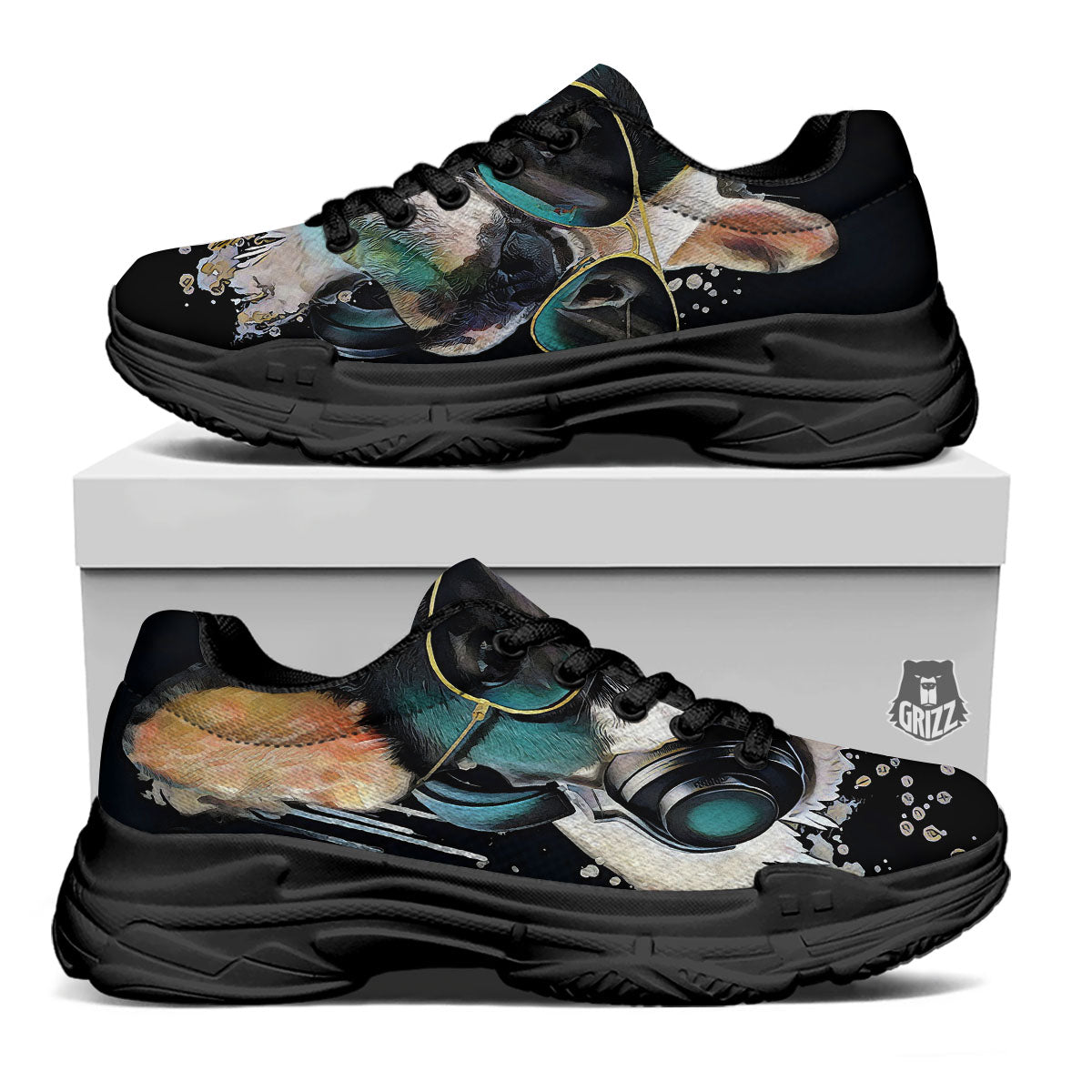 French Bulldog Puppy Watercolor Print Black Chunky Shoes-grizzshop