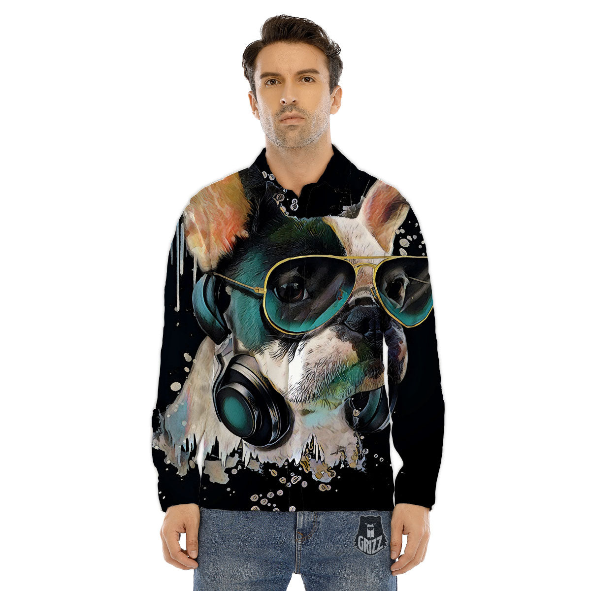 French Bulldog Puppy Watercolor Print Men's Dress Shirts-grizzshop
