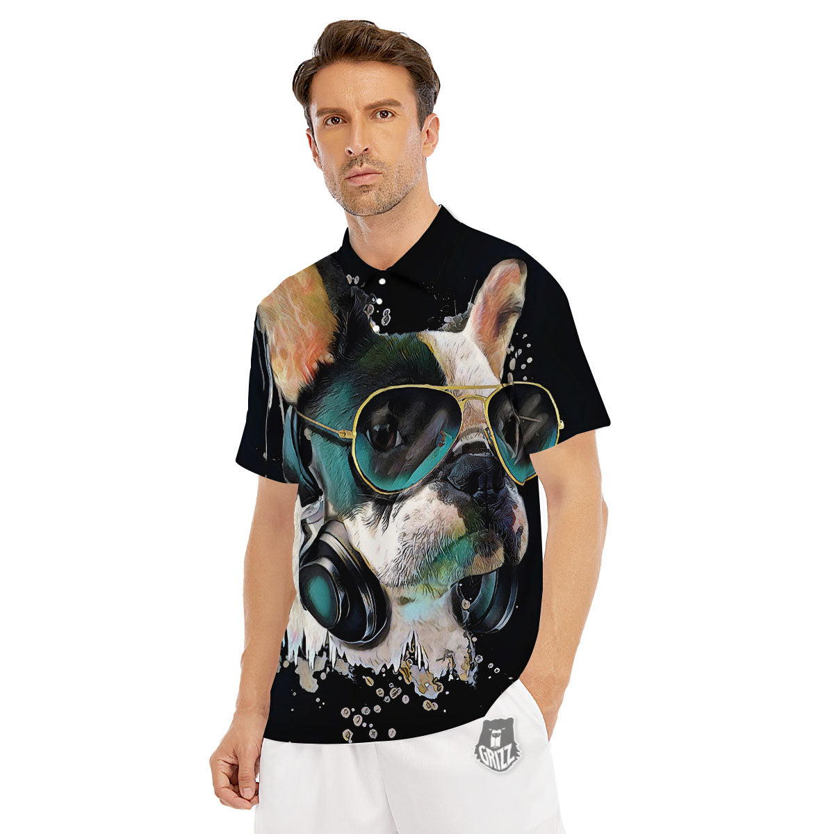 French Bulldog Puppy Watercolor Print Men's Golf Shirts-grizzshop