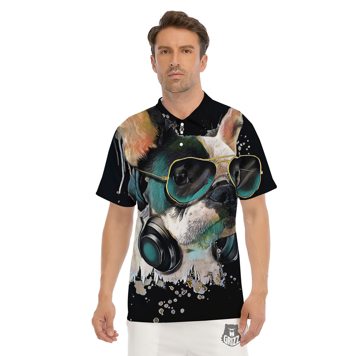 French Bulldog Puppy Watercolor Print Men's Golf Shirts-grizzshop