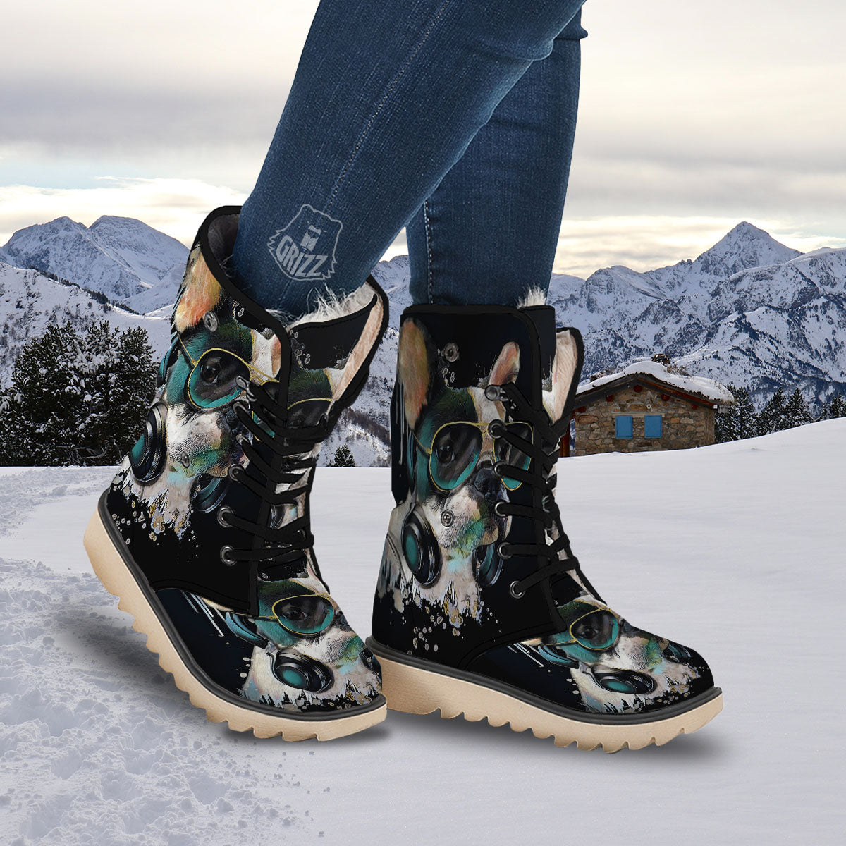 French Bulldog Puppy Watercolor Print Snow Boots-grizzshop