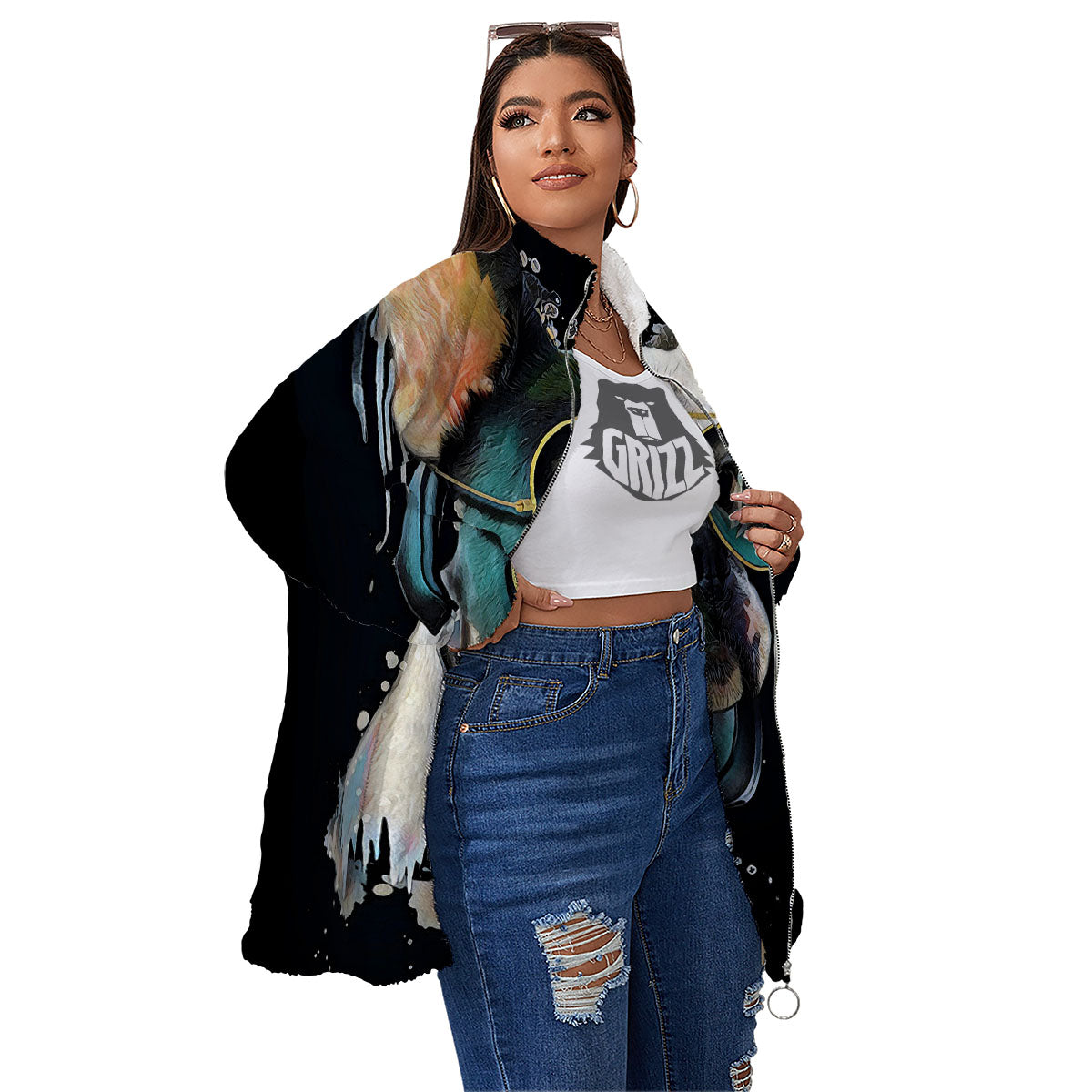 French Bulldog Puppy Watercolor Print Women's Sherpa Jacket-grizzshop