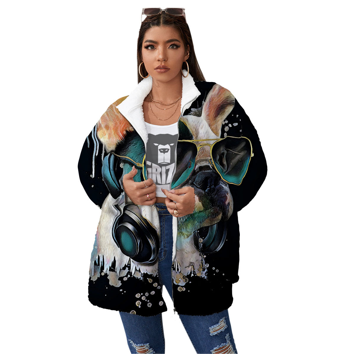 French Bulldog Puppy Watercolor Print Women's Sherpa Jacket-grizzshop