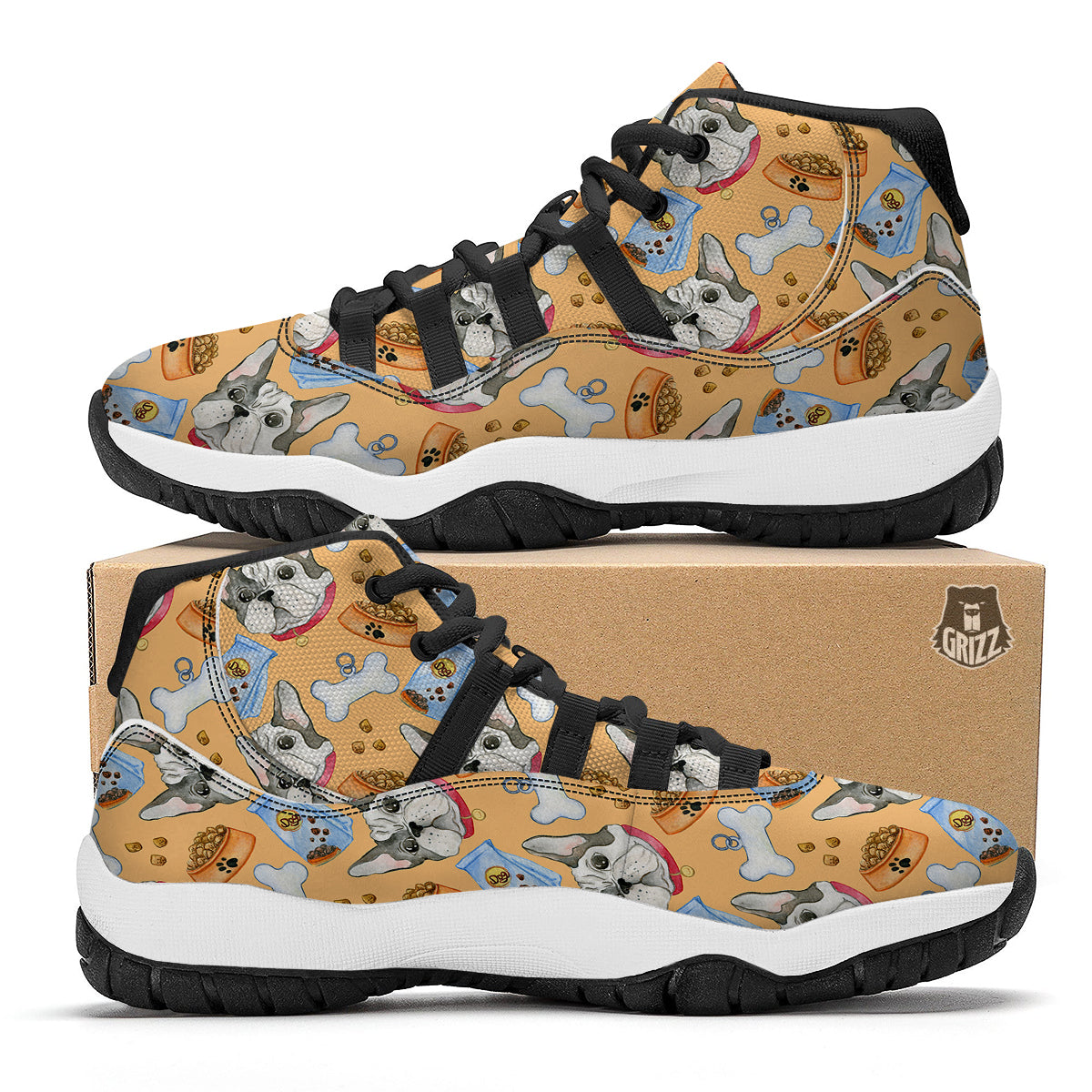 French Bulldog Watercolor Print Pattern Black Bball Shoes-grizzshop