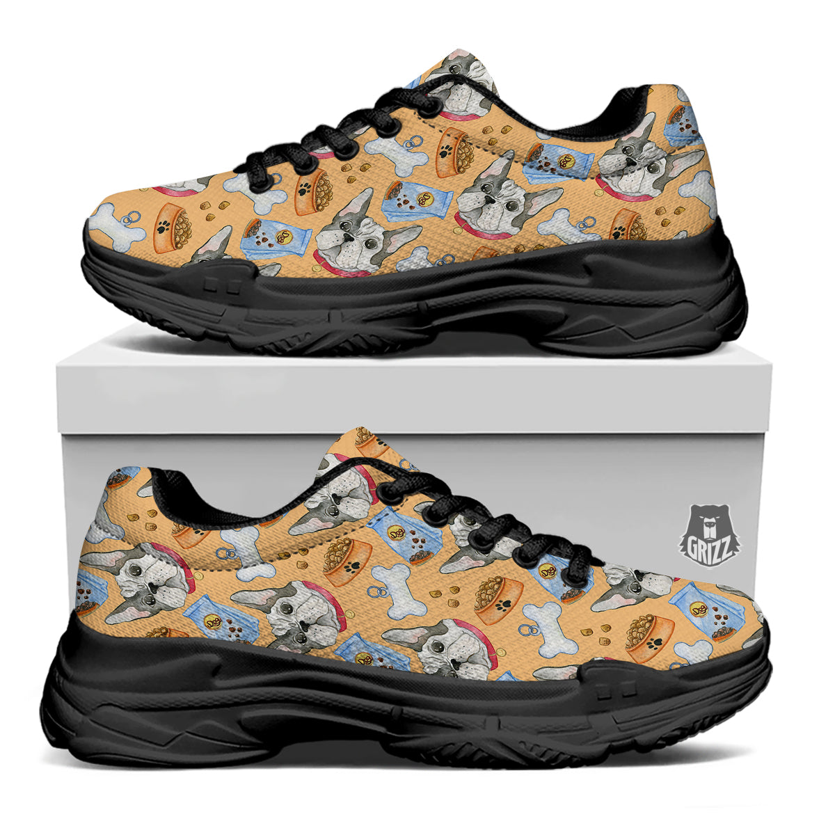 French Bulldog Watercolor Print Pattern Black Chunky Shoes-grizzshop