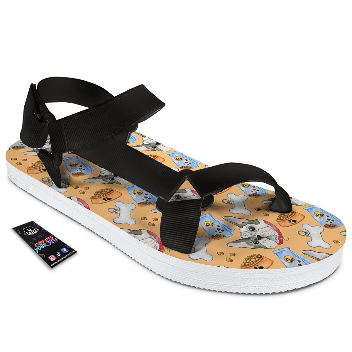 French Bulldog Watercolor Print Pattern Black Open Toe Sandals-grizzshop