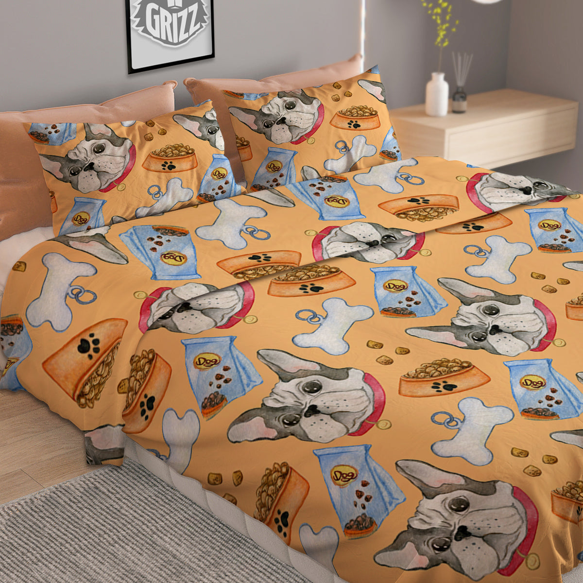 French Bulldog Watercolor Print Pattern Duvet Cover Bedding Set