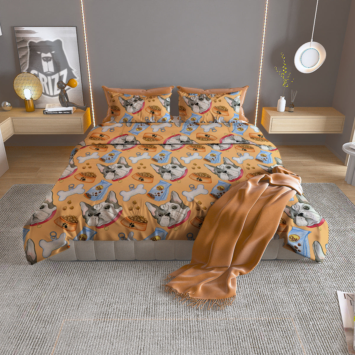 French Bulldog Watercolor Print Pattern Duvet Cover Bedding Set