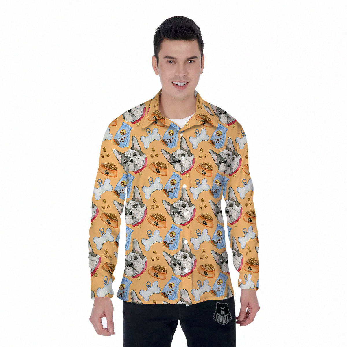 French Bulldog Watercolor Print Pattern Men's Long Sleeve Shirts-grizzshop