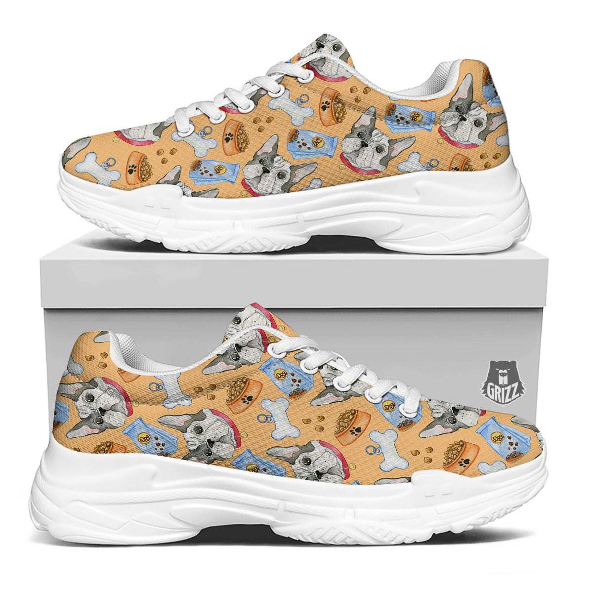 French Bulldog Watercolor Print Pattern White Chunky Shoes-grizzshop