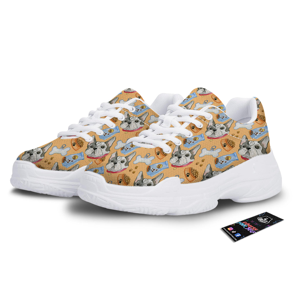 French Bulldog Watercolor Print Pattern White Chunky Shoes-grizzshop
