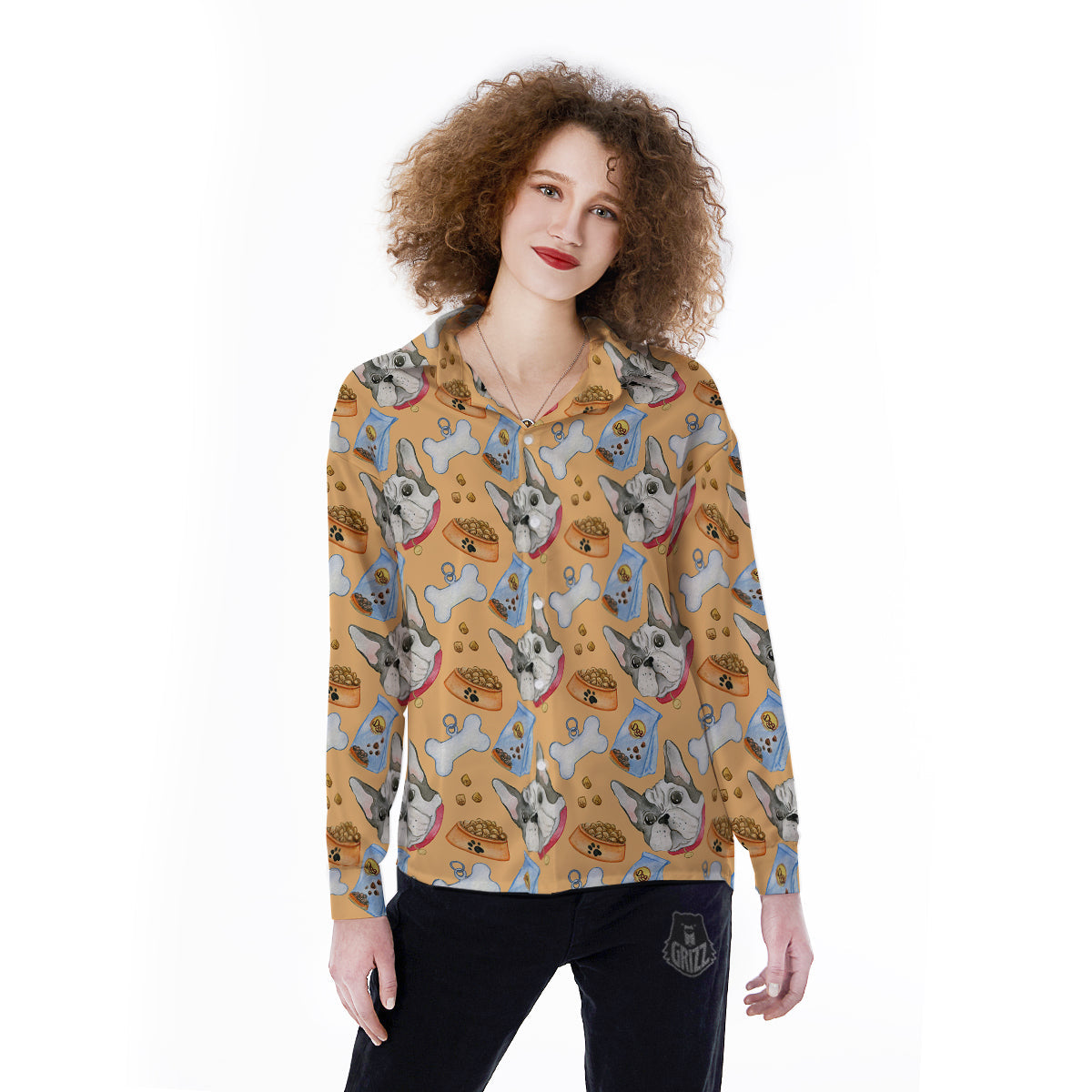 French Bulldog Watercolor Print Pattern Women's Long Sleeve Shirts-grizzshop