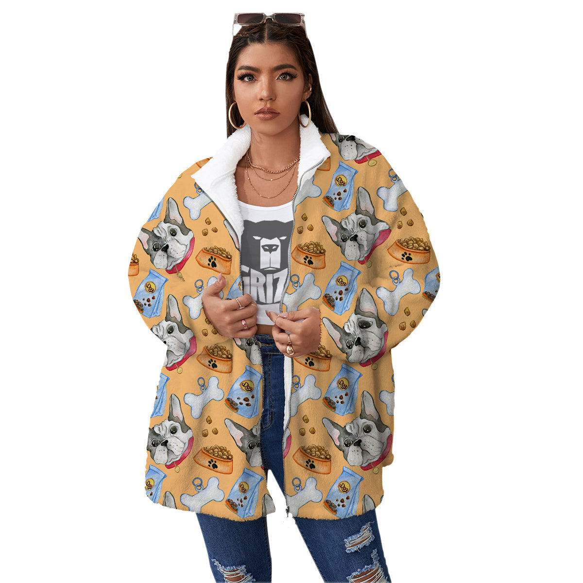 French Bulldog Watercolor Print Pattern Women's Sherpa Jacket-grizzshop