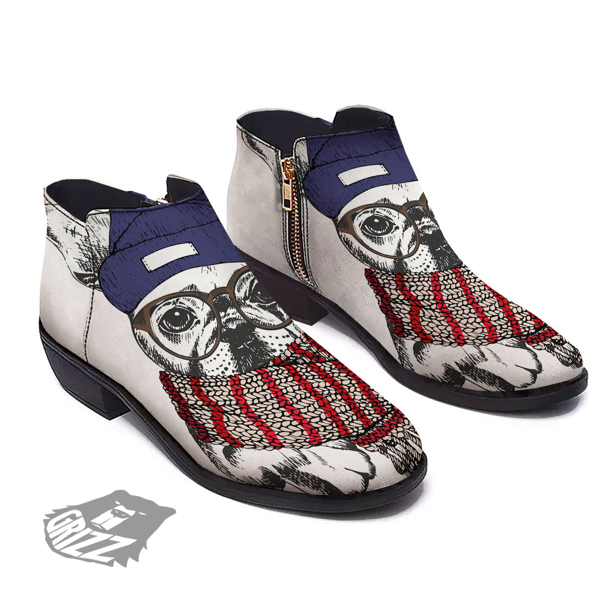 French Bulldog Wearing Glasses Print Ankle Boots-grizzshop