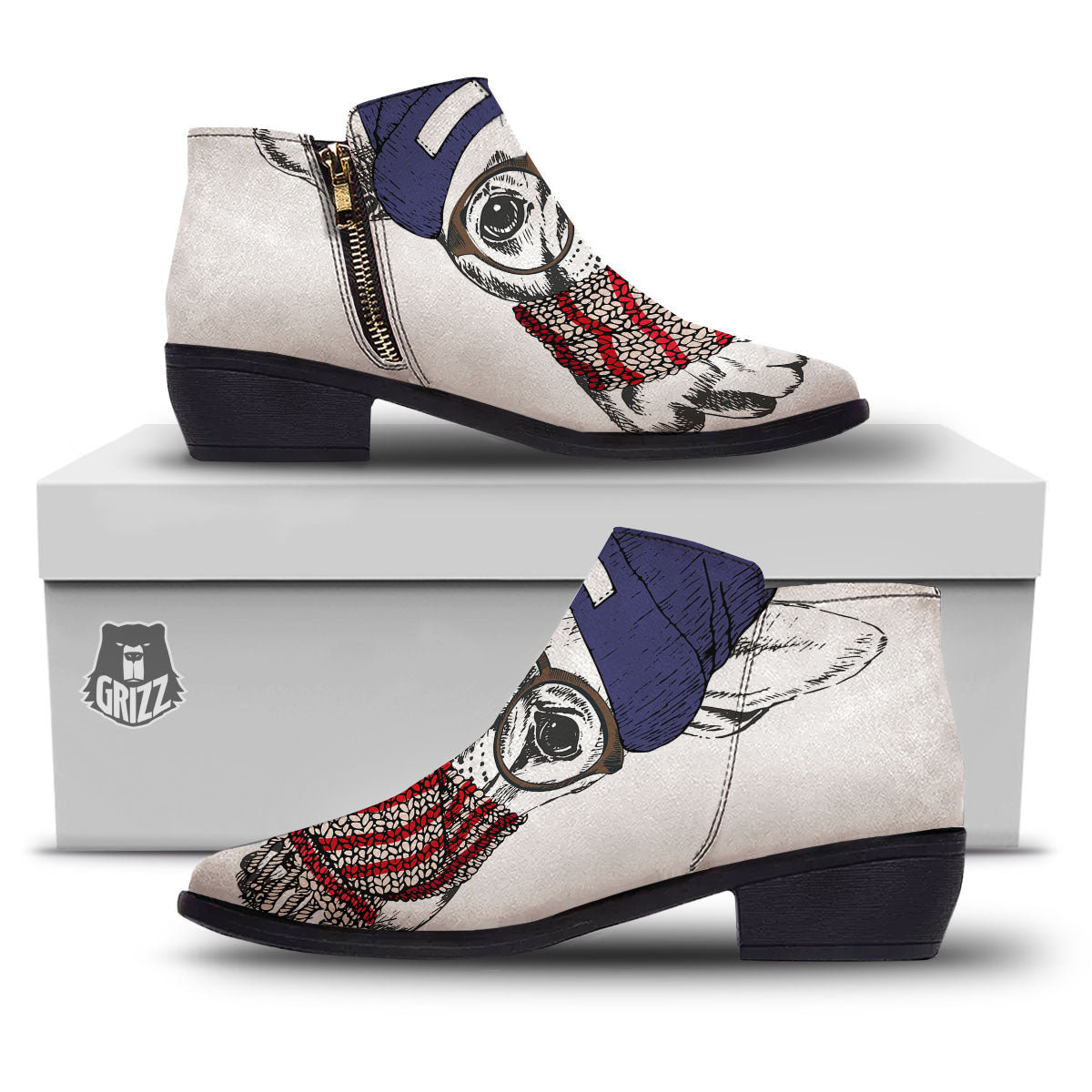 French Bulldog Wearing Glasses Print Ankle Boots-grizzshop