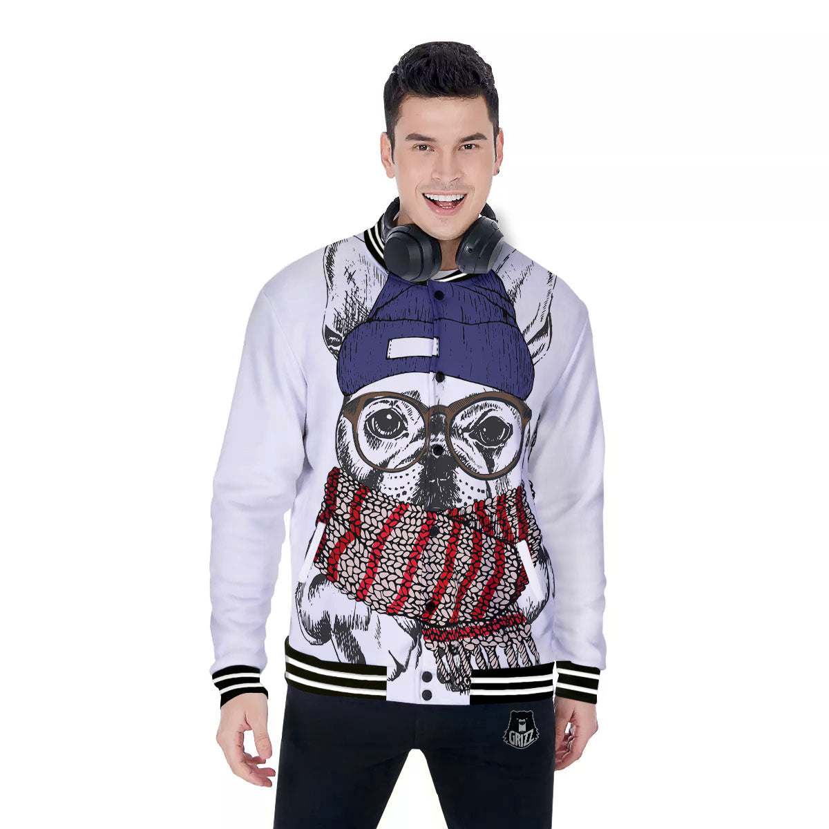 French Bulldog Wearing Glasses Print Baseball Jacket-grizzshop