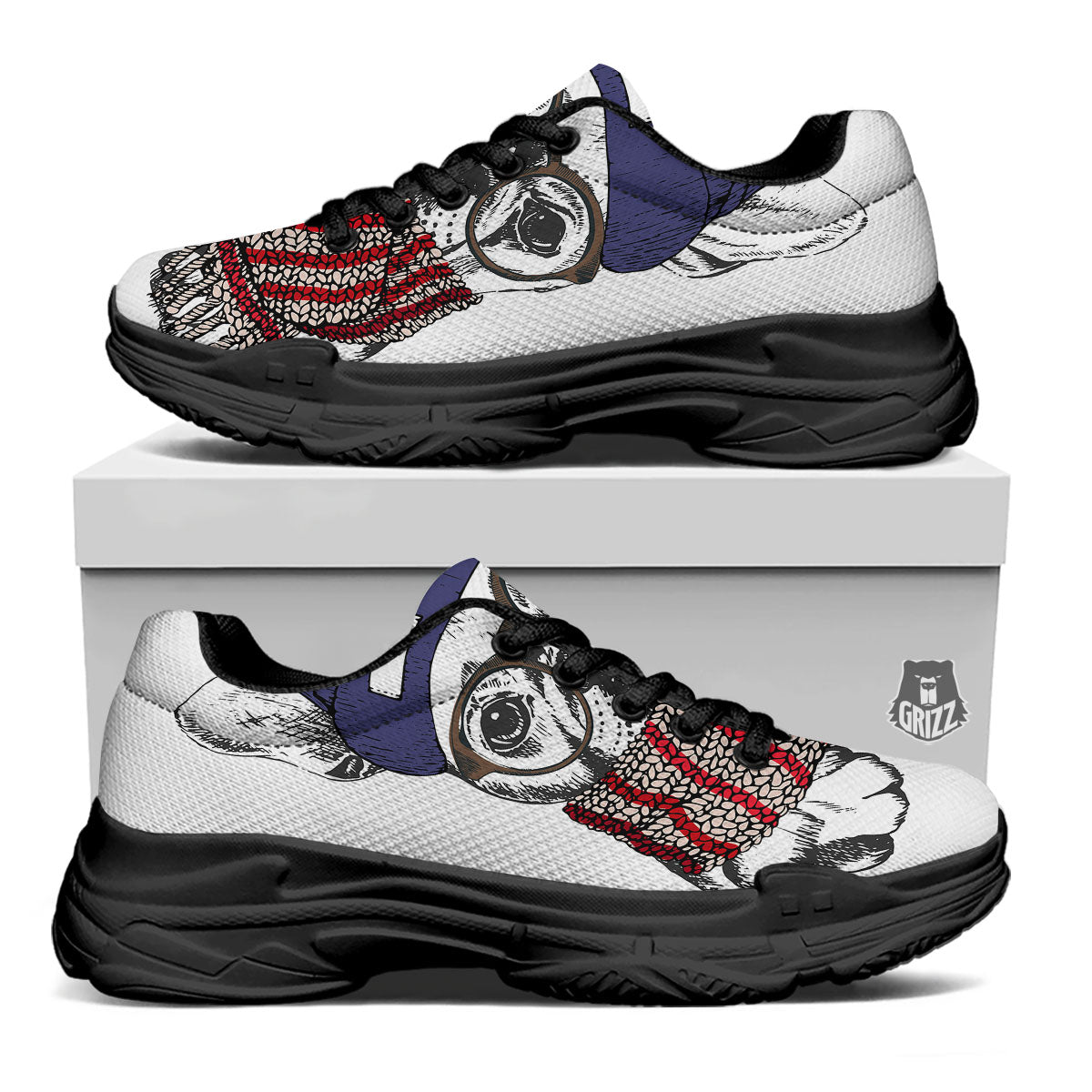 French Bulldog Wearing Glasses Print Black Chunky Shoes-grizzshop