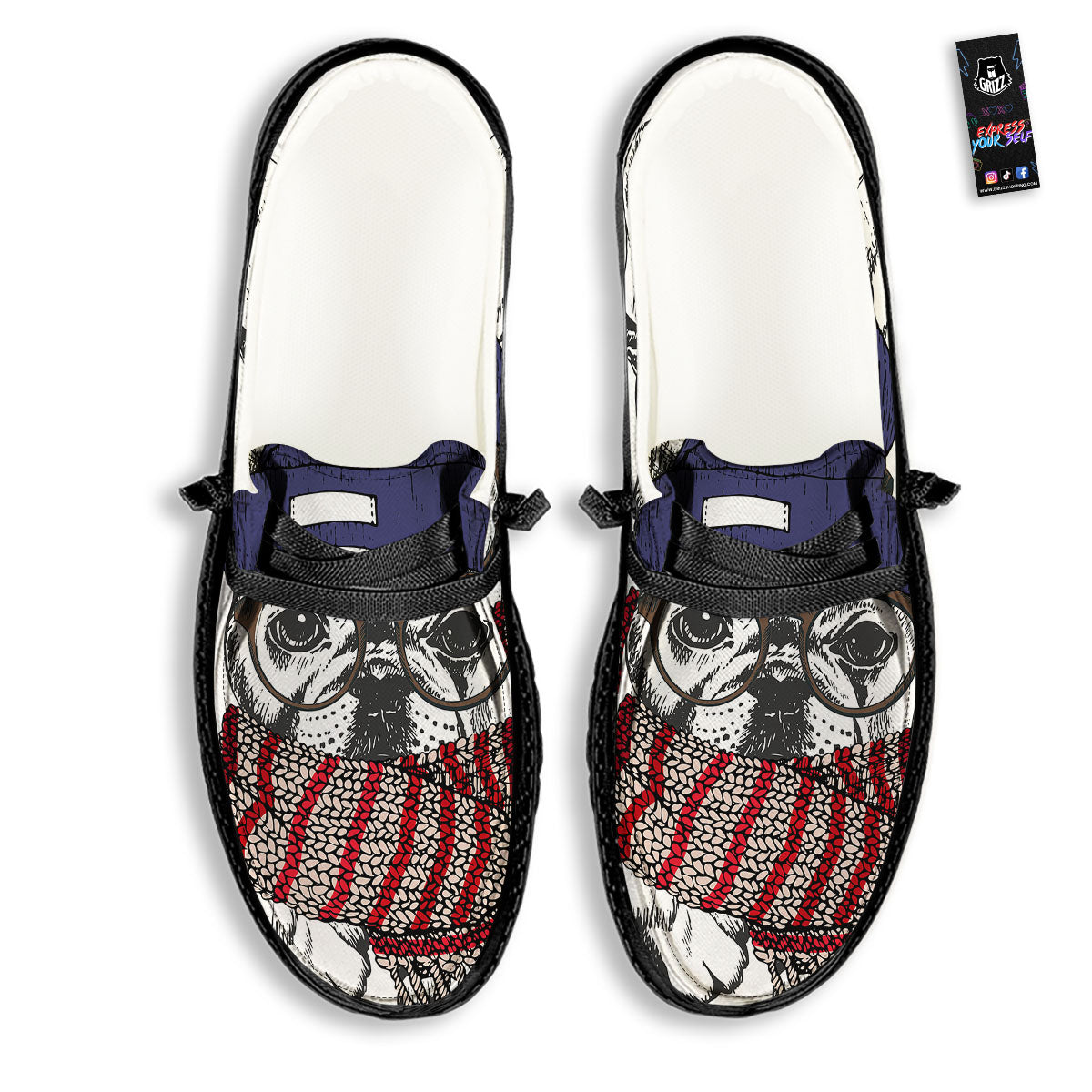 French Bulldog Wearing Glasses Print Black Loafers-grizzshop