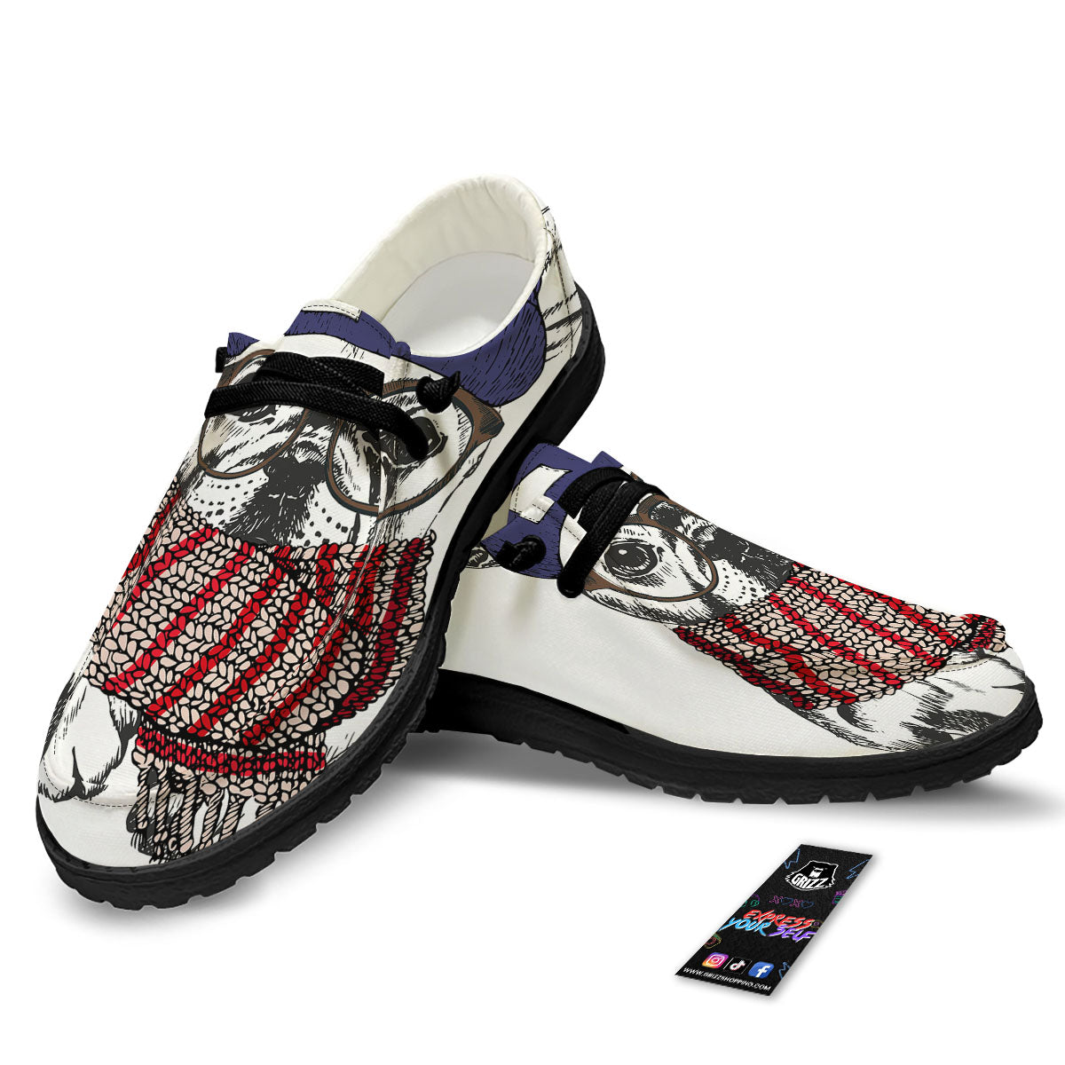 French Bulldog Wearing Glasses Print Black Loafers-grizzshop