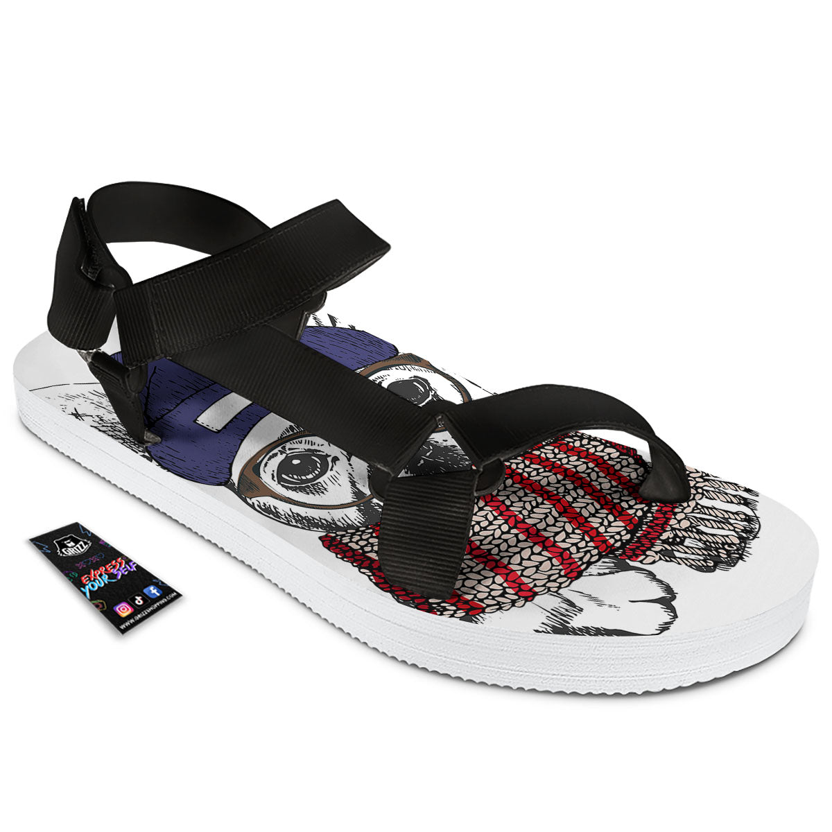 French Bulldog Wearing Glasses Print Black Open Toe Sandals-grizzshop