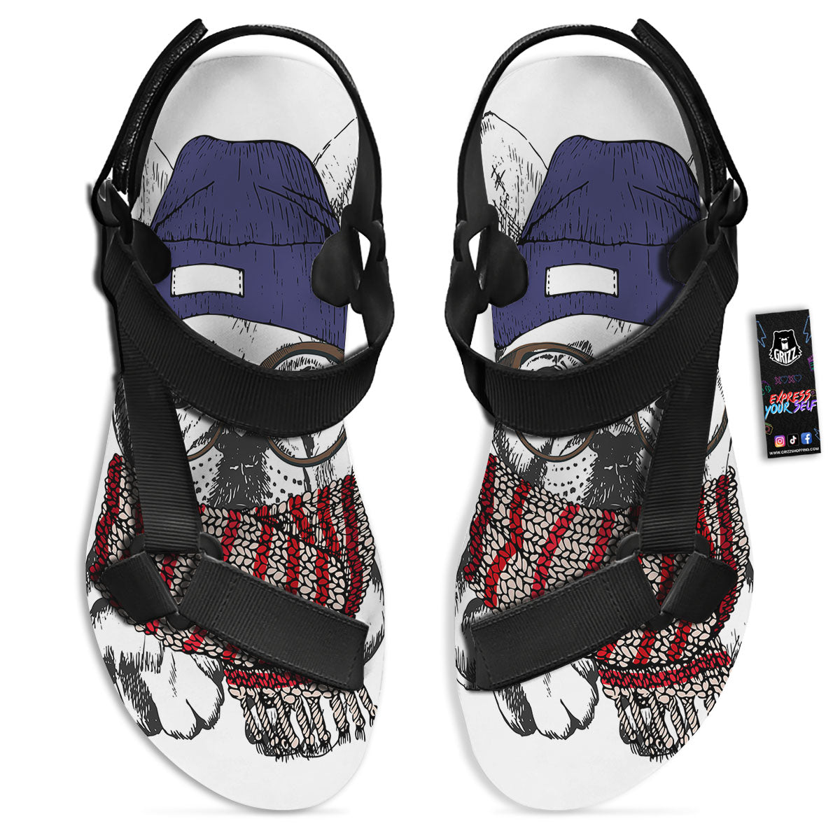 French Bulldog Wearing Glasses Print Black Open Toe Sandals-grizzshop