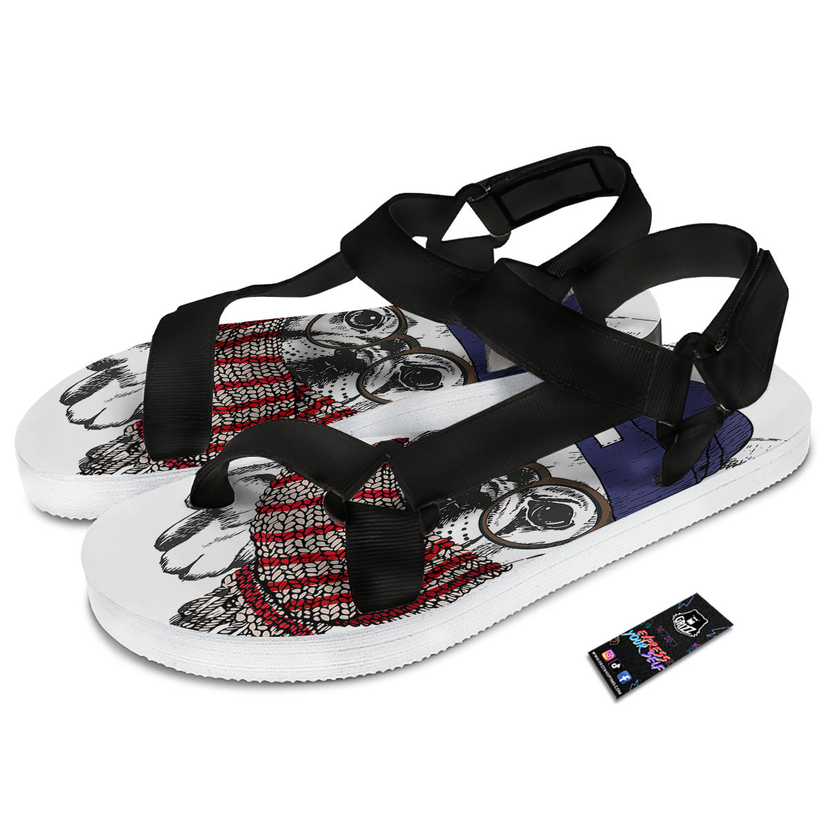French Bulldog Wearing Glasses Print Black Open Toe Sandals-grizzshop