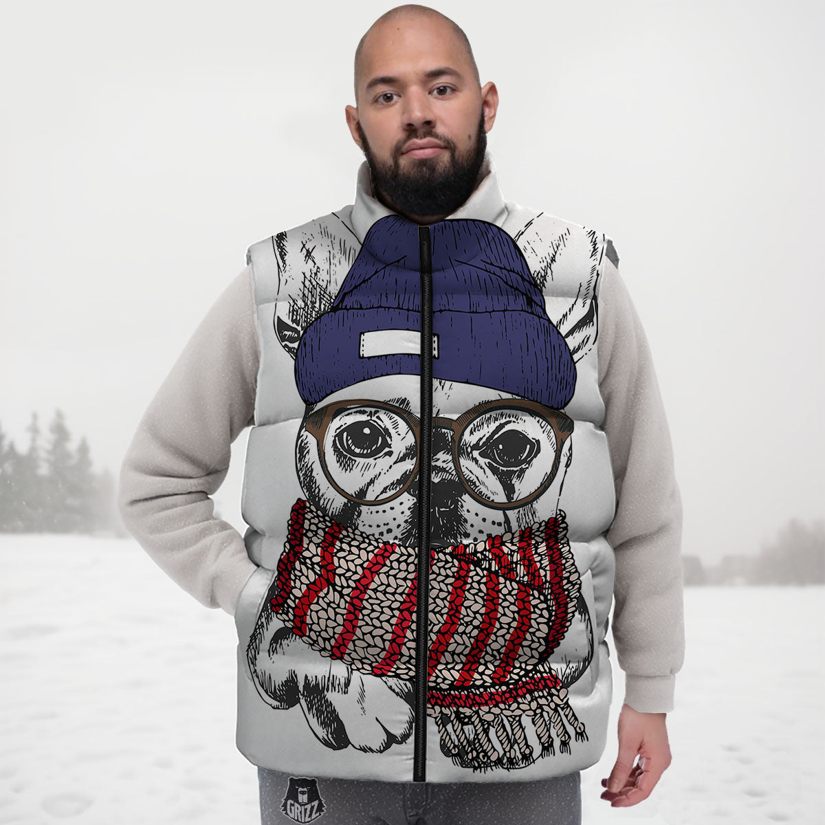 French Bulldog Wearing Glasses Print Down Vest