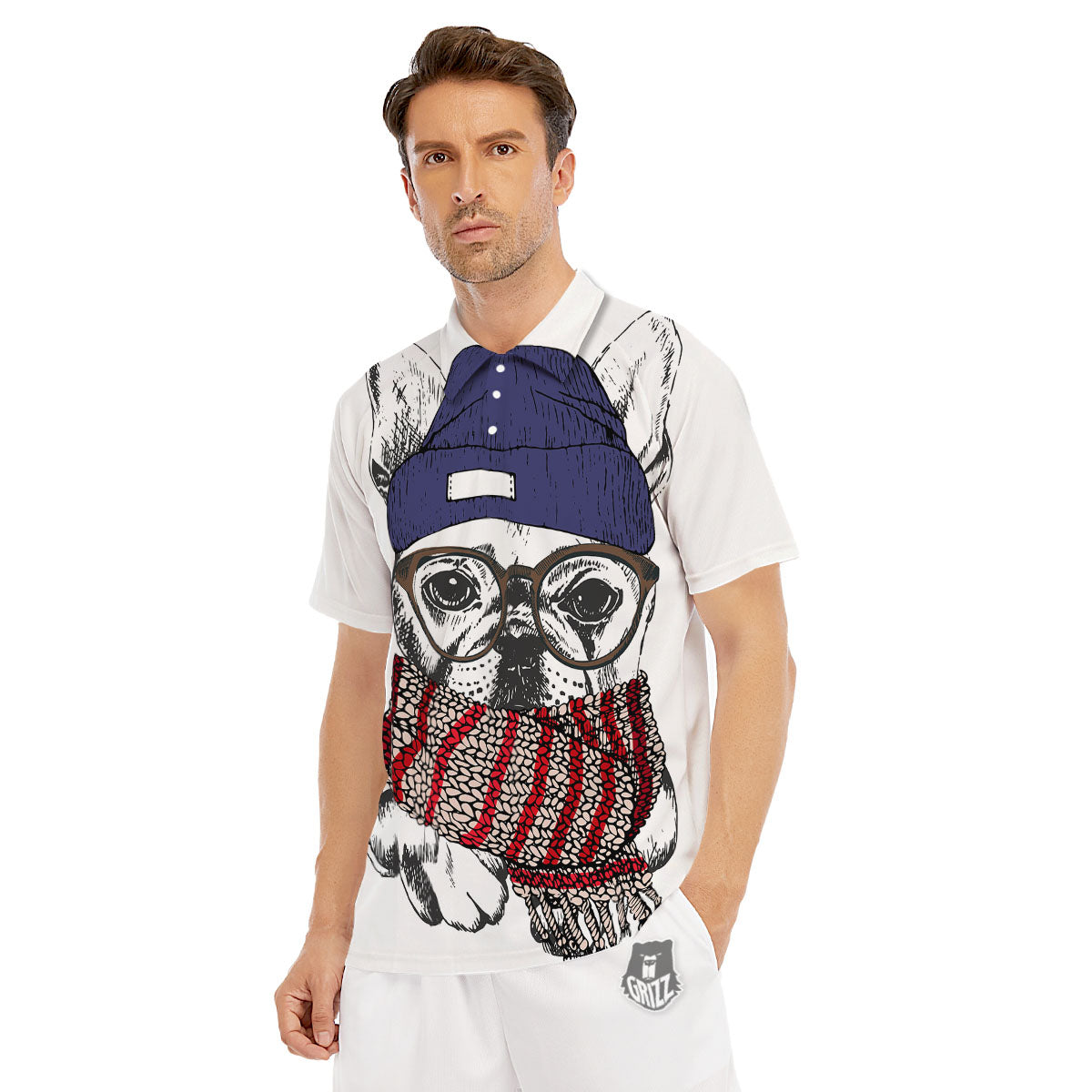 French Bulldog Wearing Glasses Print Men's Golf Shirts-grizzshop