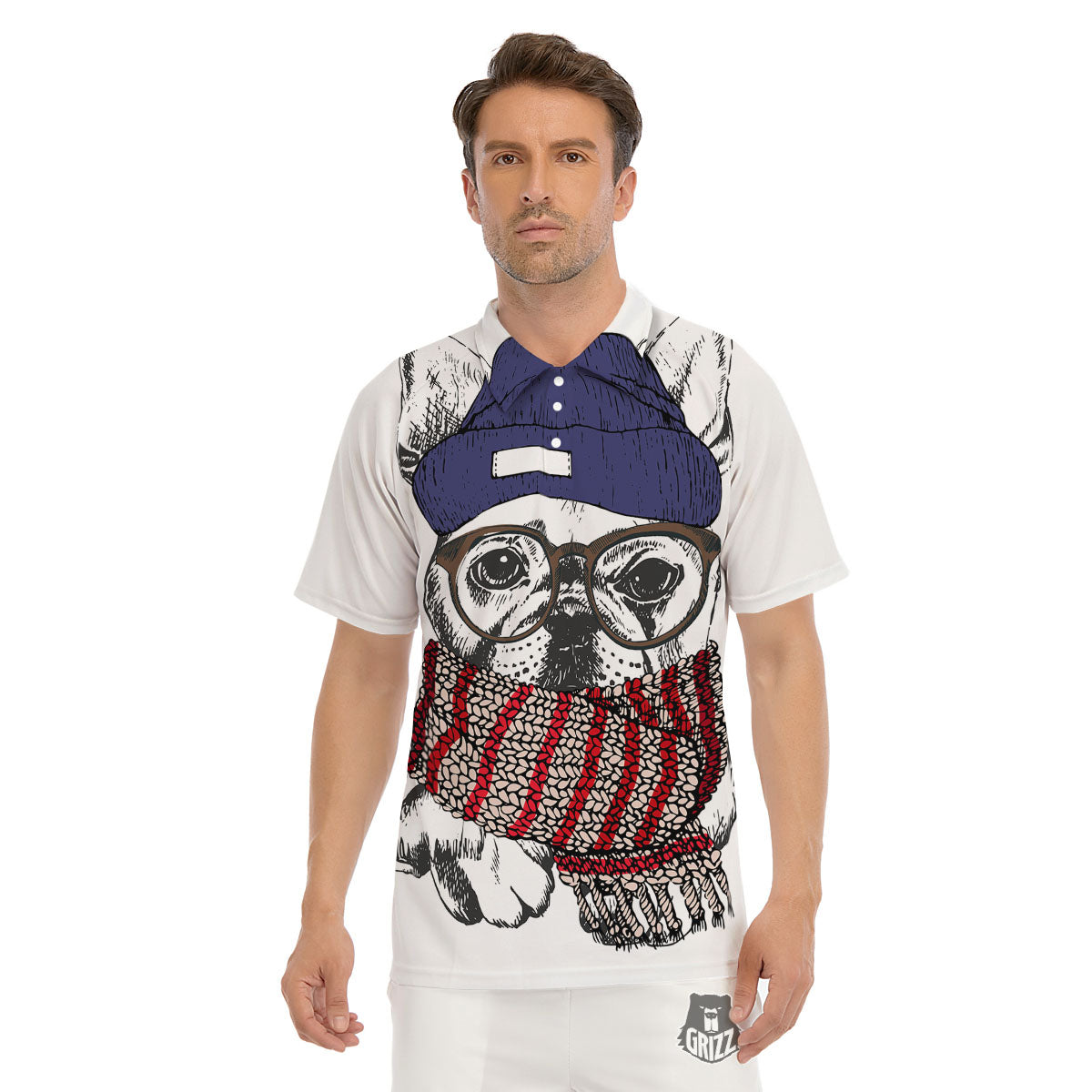 French Bulldog Wearing Glasses Print Men's Golf Shirts-grizzshop