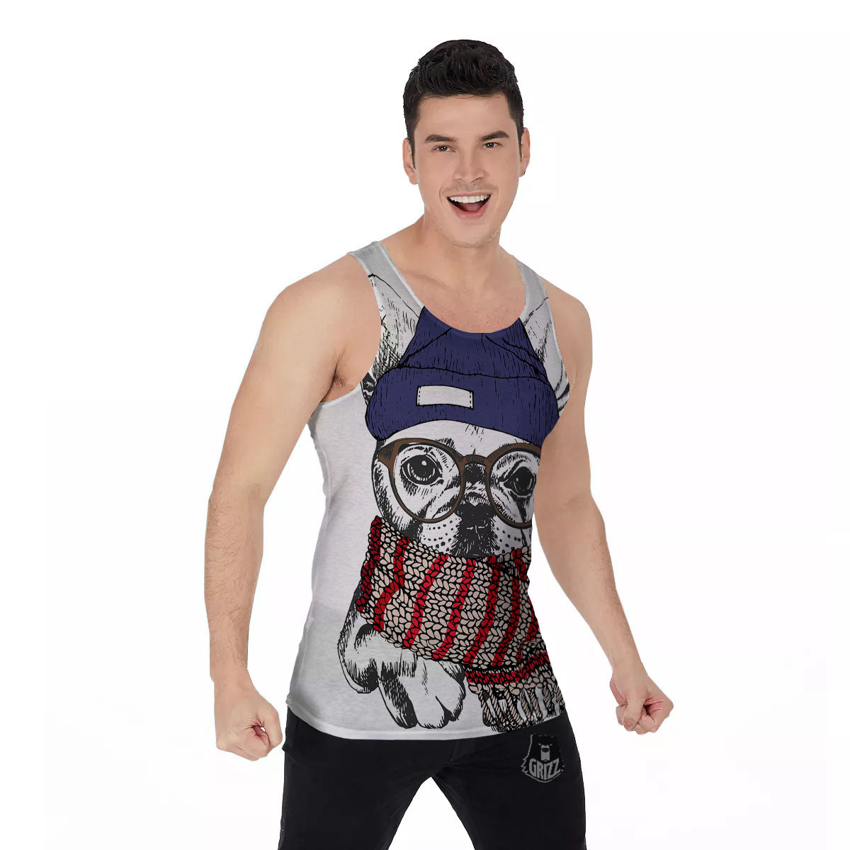 French Bulldog Wearing Glasses Print Men's Tank Top-grizzshop