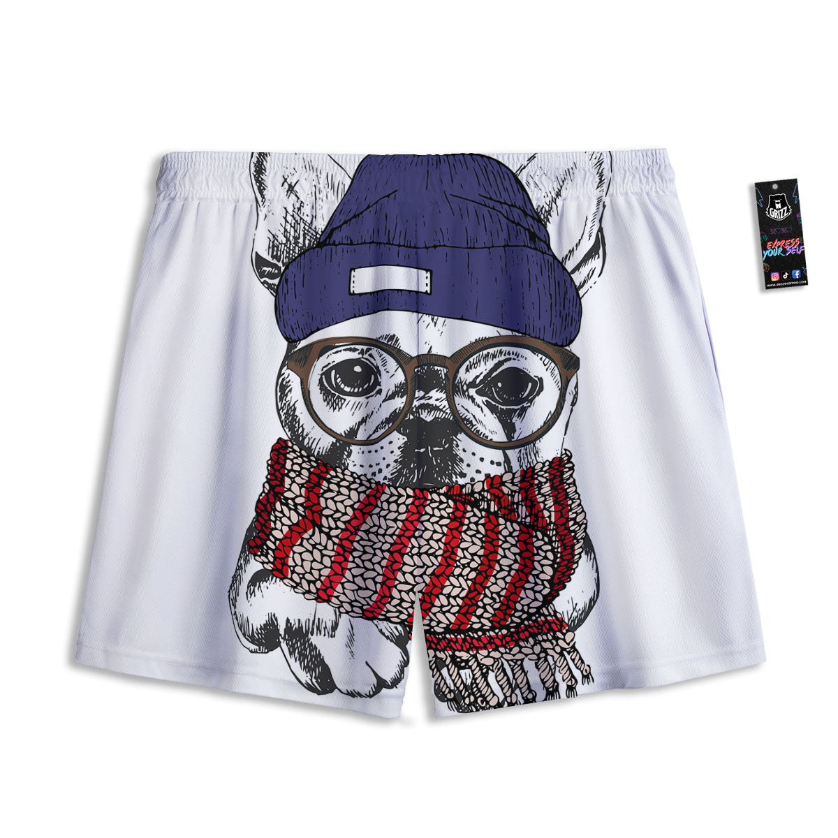 French Bulldog Wearing Glasses Print Mesh Shorts