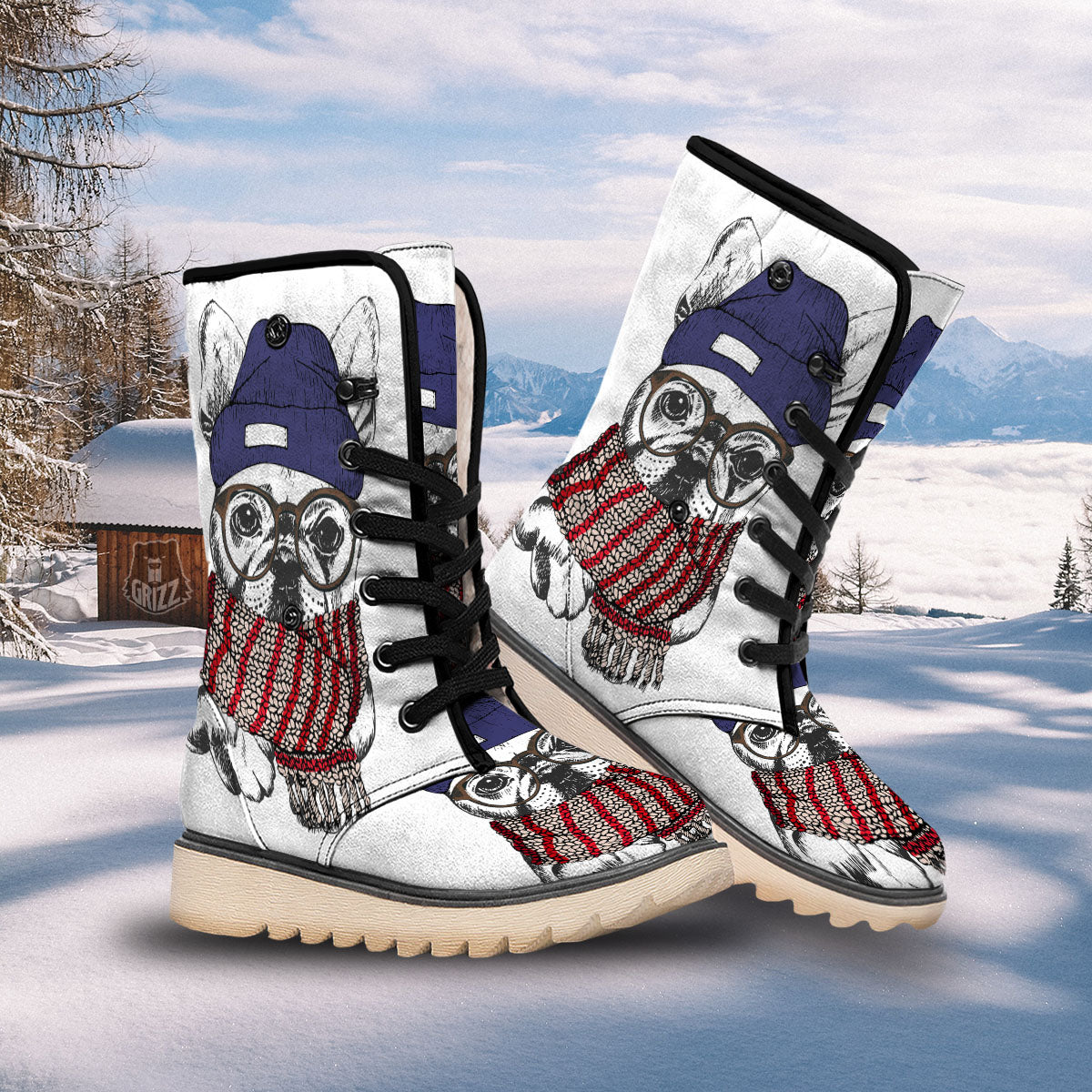 French Bulldog Wearing Glasses Print Snow Boots-grizzshop