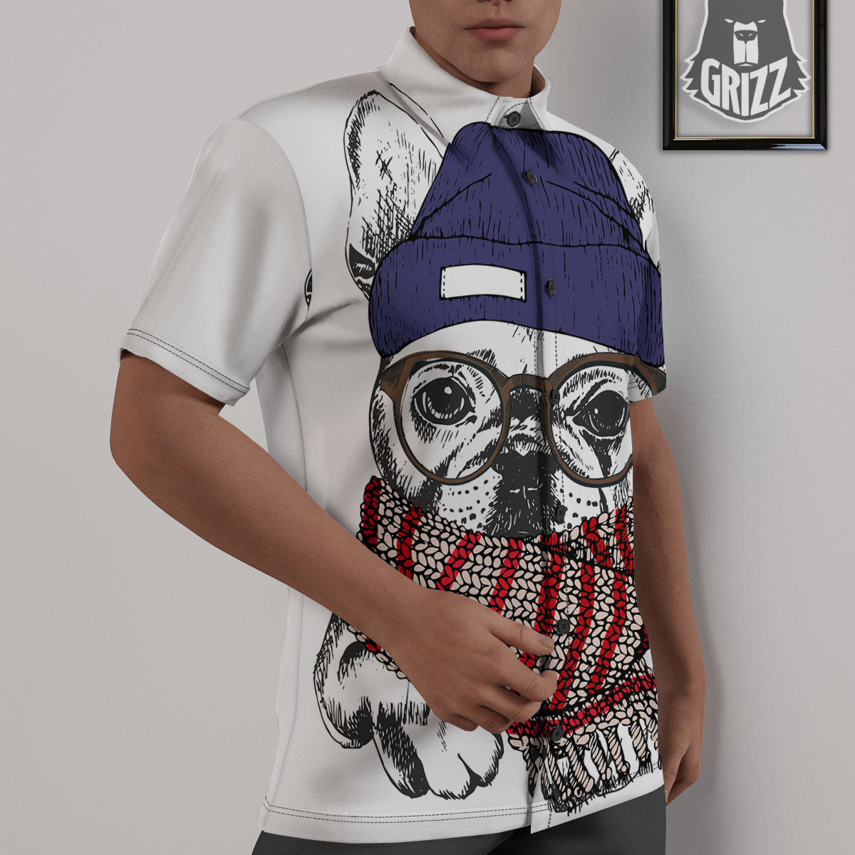 French Bulldog Wearing Glasses Print Untucked Shirts-grizzshop