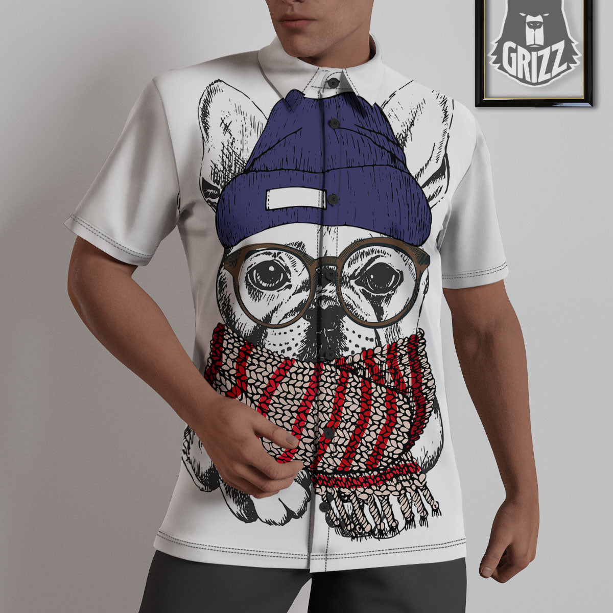 French Bulldog Wearing Glasses Print Untucked Shirts-grizzshop