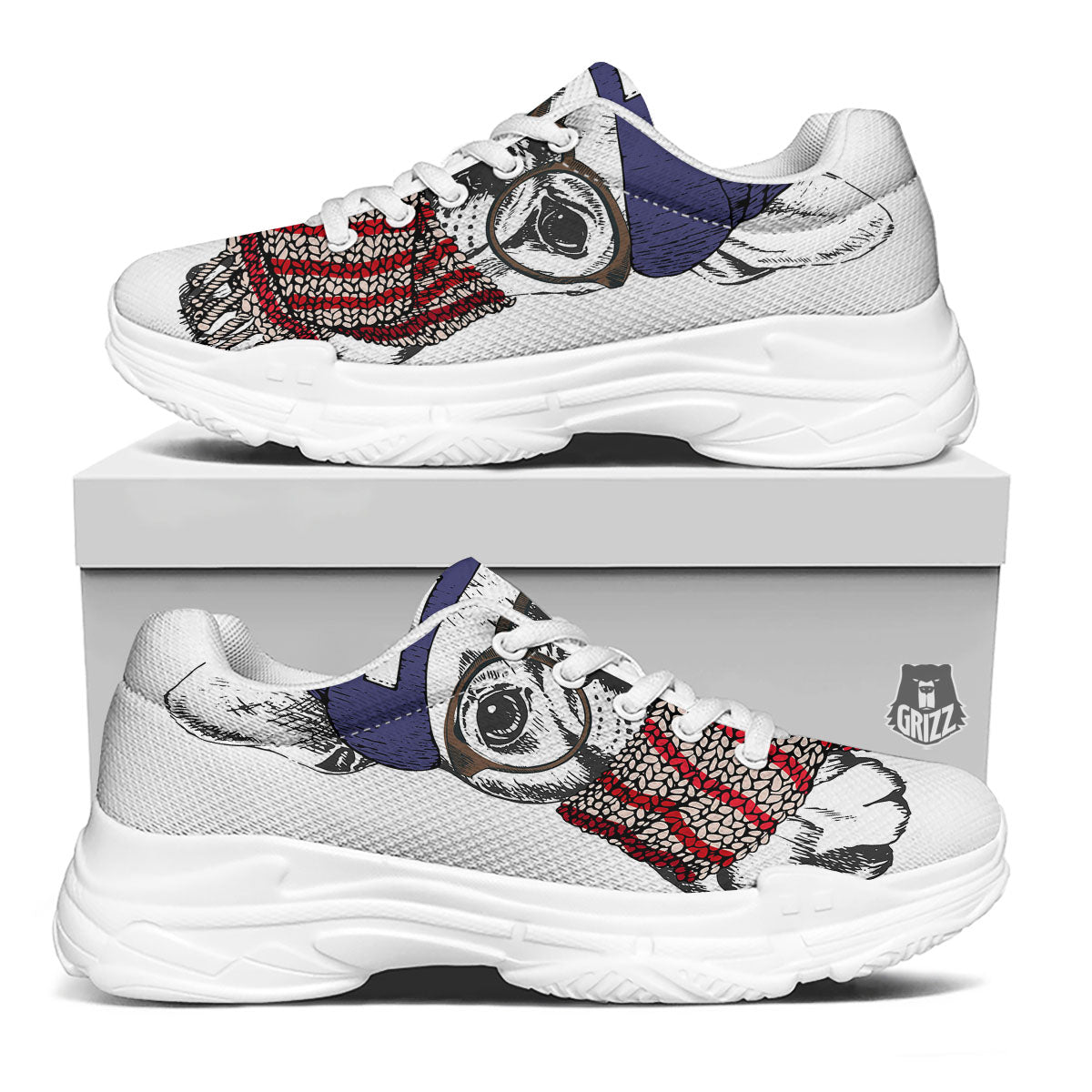French Bulldog Wearing Glasses Print White Chunky Shoes-grizzshop