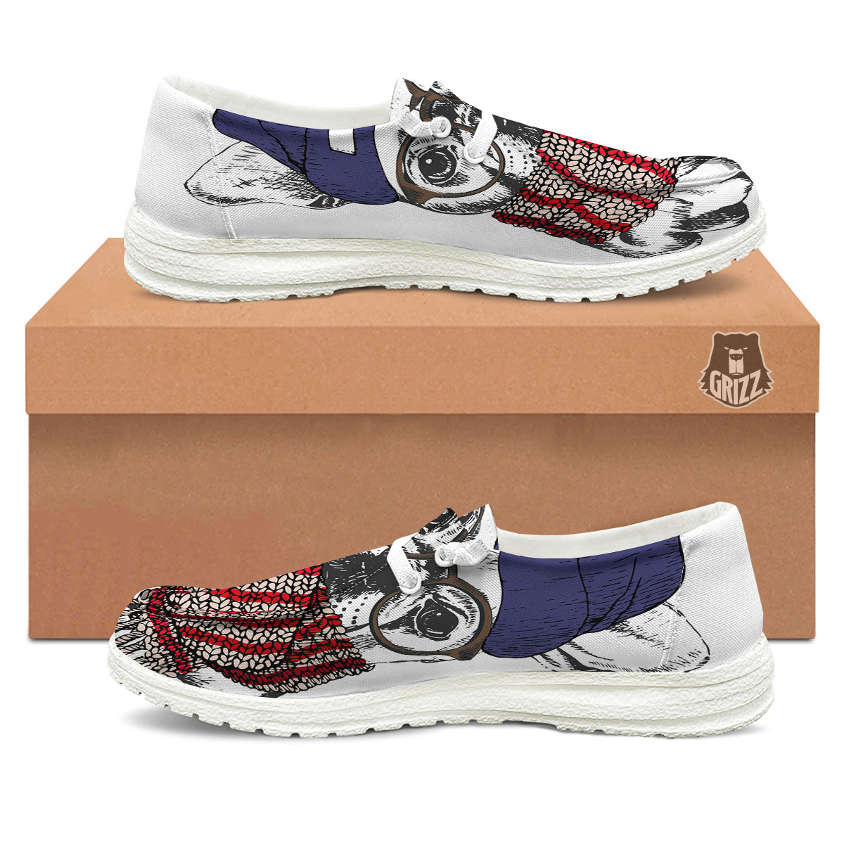 French Bulldog Wearing Glasses Print White Loafers-grizzshop