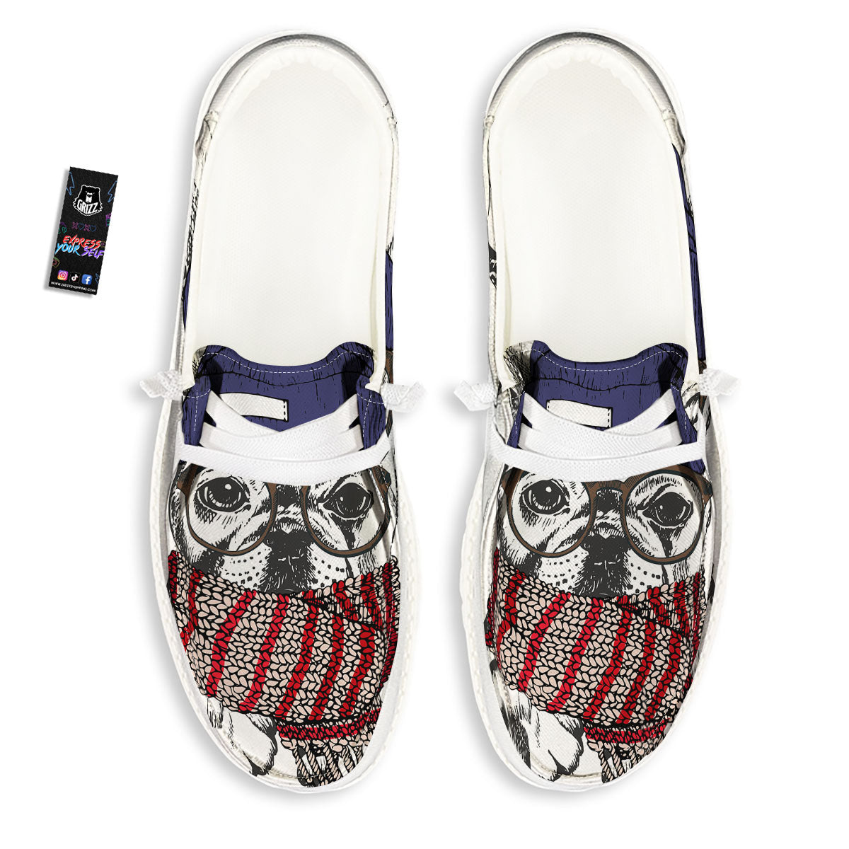 French Bulldog Wearing Glasses Print White Loafers-grizzshop