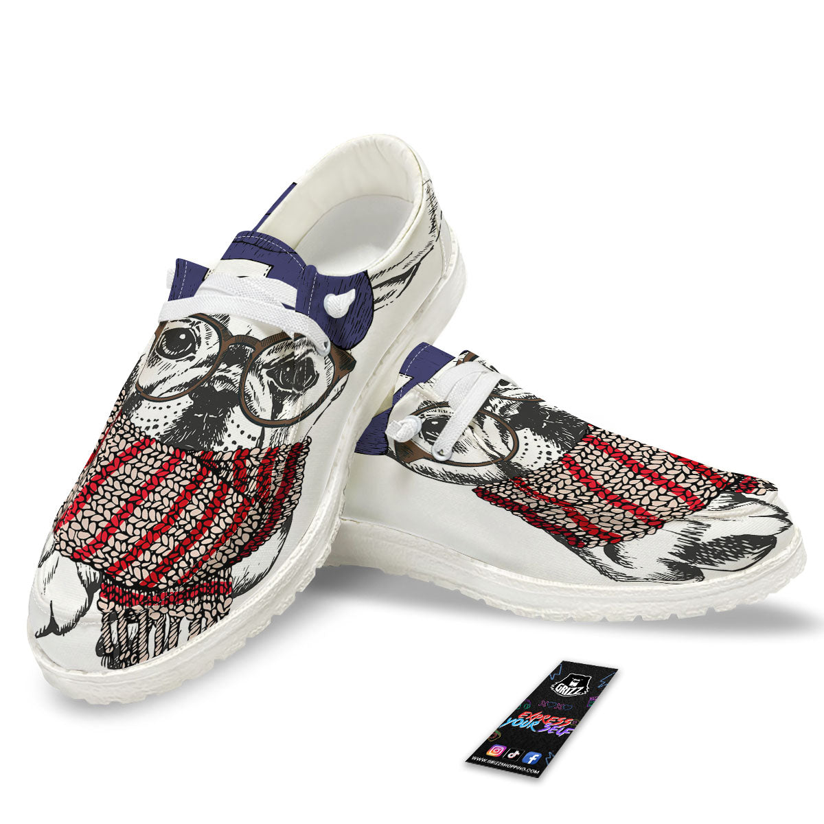 French Bulldog Wearing Glasses Print White Loafers-grizzshop