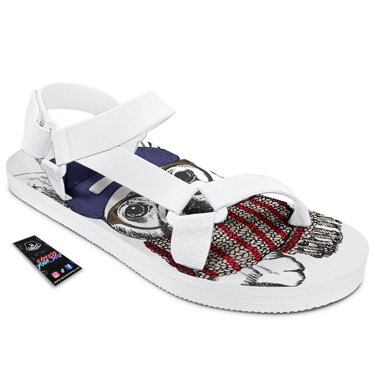 French Bulldog Wearing Glasses Print White Open Toe Sandals-grizzshop