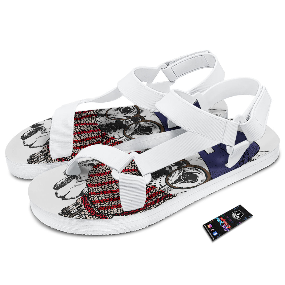 French Bulldog Wearing Glasses Print White Open Toe Sandals-grizzshop