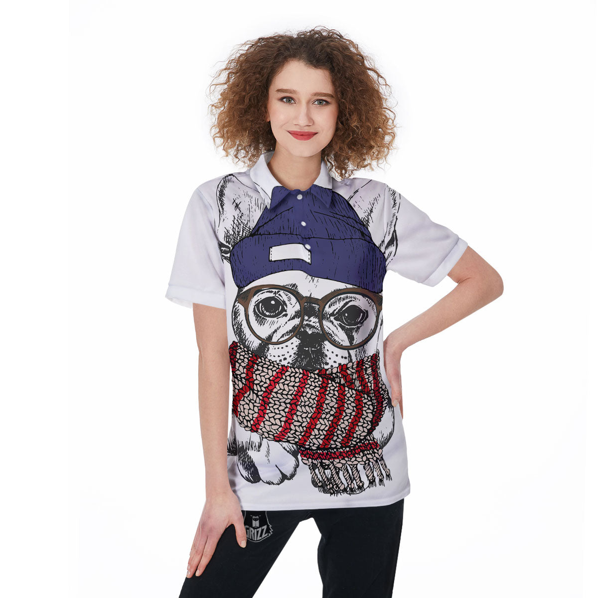 French Bulldog Wearing Glasses Print Women's Golf Shirts-grizzshop