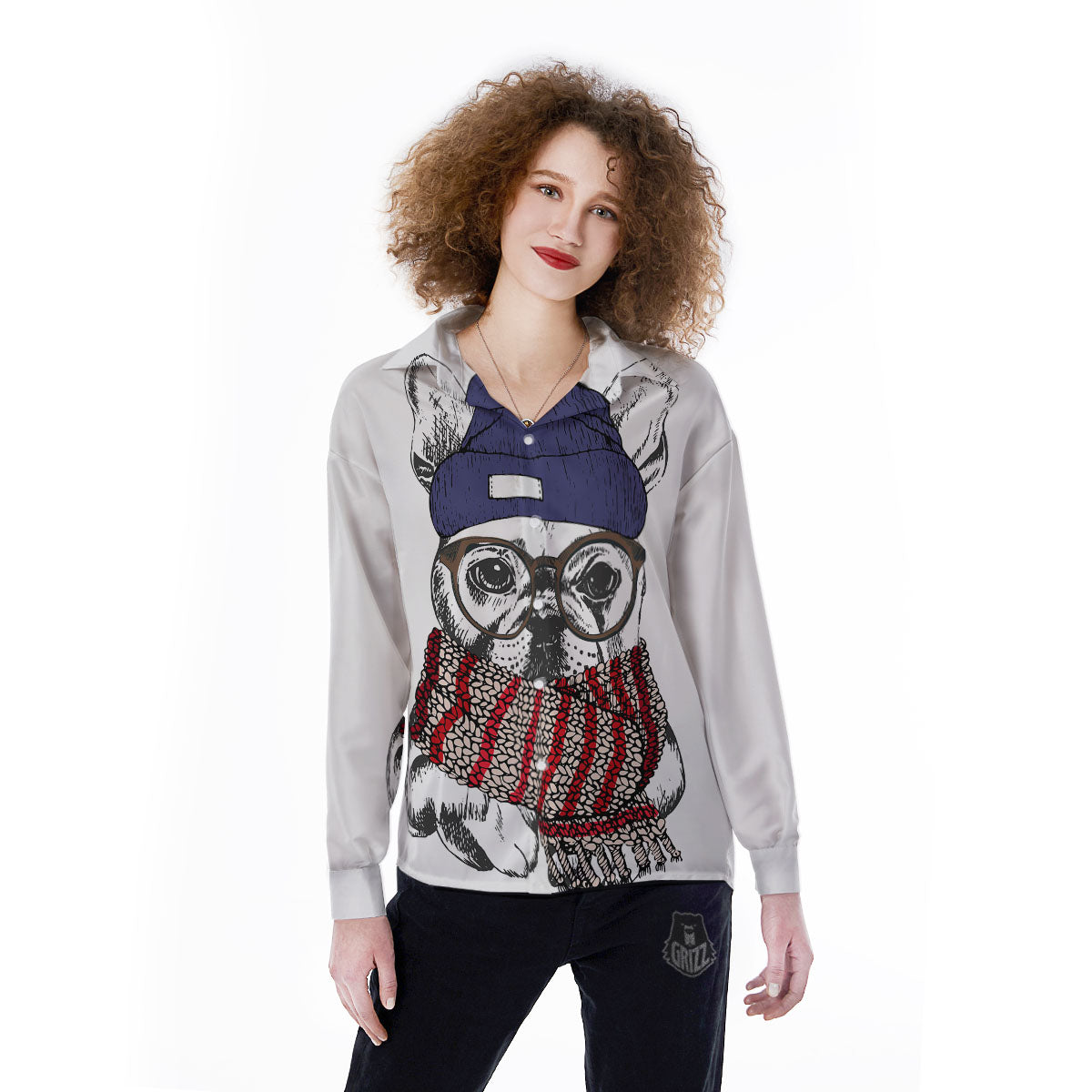 French Bulldog Wearing Glasses Print Women's Long Sleeve Shirts-grizzshop