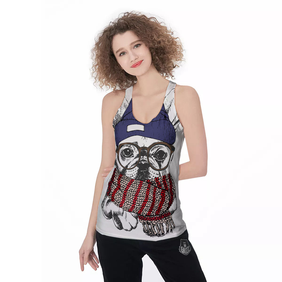 French Bulldog Wearing Glasses Print Women's Racerback Tank Top-grizzshop