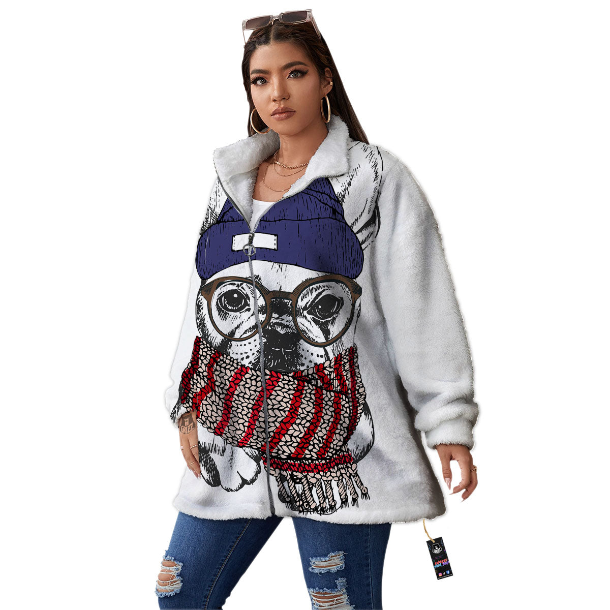 French Bulldog Wearing Glasses Print Women's Sherpa Jacket-grizzshop
